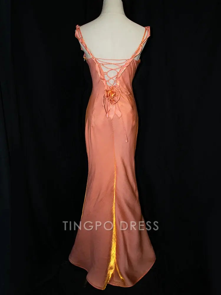 TingPo Wholesale Elegant Peach Pink Vintage Floral V-neck Evening Gown Lace-up Back Mermaid Dress